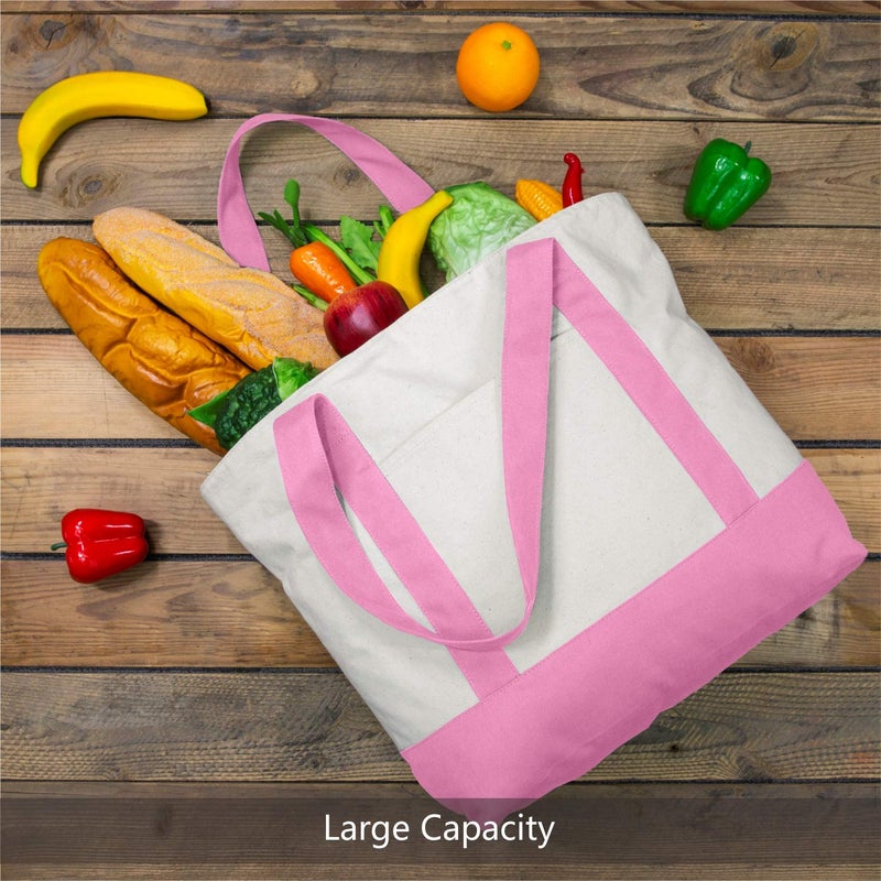 TOPDesign 1-Pack Canvas Tote Bag with an External Pocket, Reusable Grocery Shopping Bag, Top Zipper Closure, Daily Essentials (Pink/Natural) - Image 4
